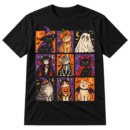 Vintage-style grid of nine cats wearing Halloween costumes with bats, moons, stars, and distressed panel borders.