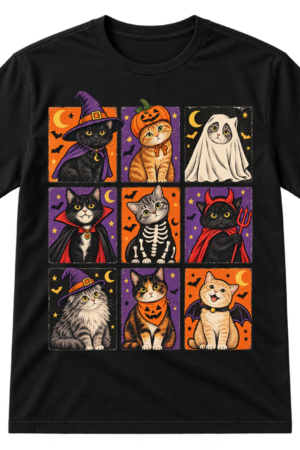 Vintage-style grid of nine cats wearing Halloween costumes with bats, moons, stars, and distressed panel borders.