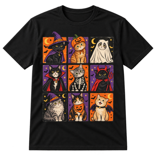 Vintage-style grid of nine cats wearing Halloween costumes with bats, moons, stars, and distressed panel borders.