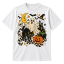 Vintage Halloween collage with a sheet ghost, black cat, crescent moon, pumpkin, haunted house, bats, candy corn, skull, spider, and cauldron.