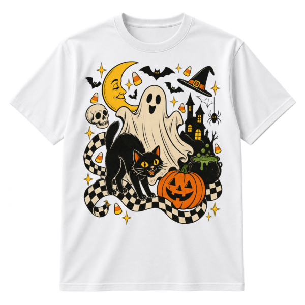 Vintage Halloween collage with a sheet ghost, black cat, crescent moon, pumpkin, haunted house, bats, candy corn, skull, spider, and cauldron.