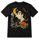 Vintage Halloween collage with a sheet ghost, black cat, crescent moon, pumpkin, haunted house, bats, candy corn, skull, spider, and cauldron.