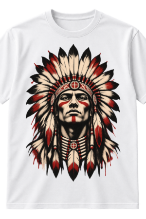 Bold black ink portrait of a warrior-like figure wearing a large feathered headdress with distressed splatter details.
