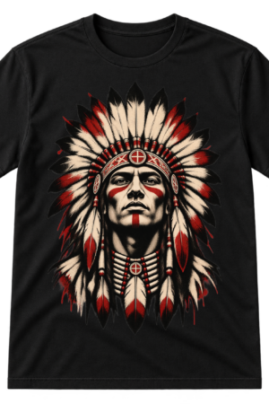Bold black ink portrait of a warrior-like figure wearing a large feathered headdress with distressed splatter details.