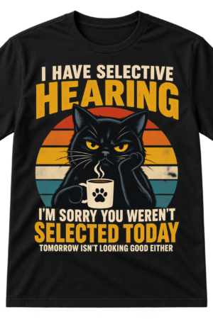 Vintage graphic of a grumpy black cat holding a coffee mug with the quote I Have Selective Hearing.