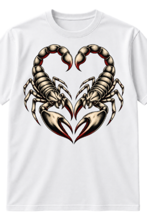 Two mirrored tattoo-style scorpions arranged into a heart shape.