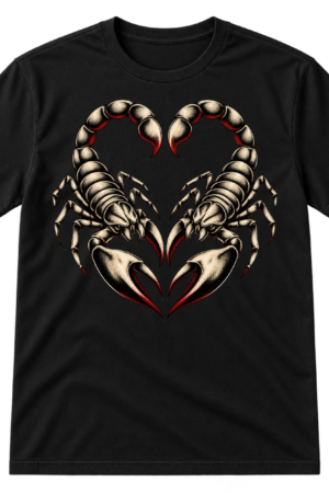 Two mirrored tattoo-style scorpions arranged into a heart shape.