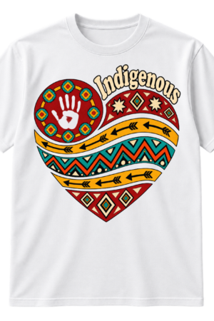 Indigenous lettering above a patterned heart featuring a handprint, geometric rosettes, arrows, zigzags, and nested diamonds.