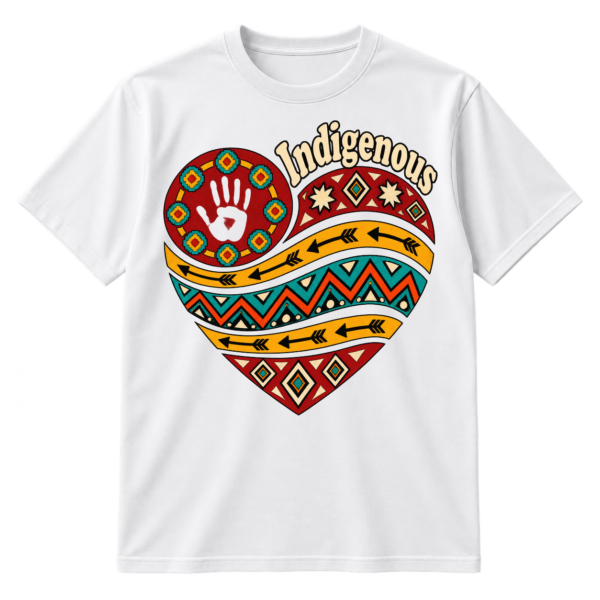Indigenous lettering above a patterned heart featuring a handprint, geometric rosettes, arrows, zigzags, and nested diamonds.