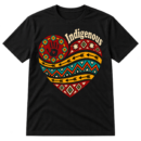 Indigenous lettering above a patterned heart featuring a handprint, geometric rosettes, arrows, zigzags, and nested diamonds.
