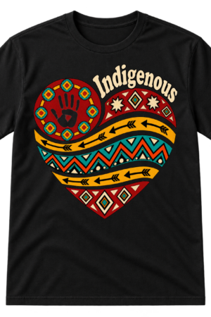 Indigenous lettering above a patterned heart featuring a handprint, geometric rosettes, arrows, zigzags, and nested diamonds.
