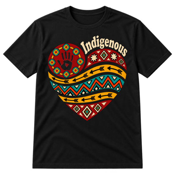 Indigenous lettering above a patterned heart featuring a handprint, geometric rosettes, arrows, zigzags, and nested diamonds.