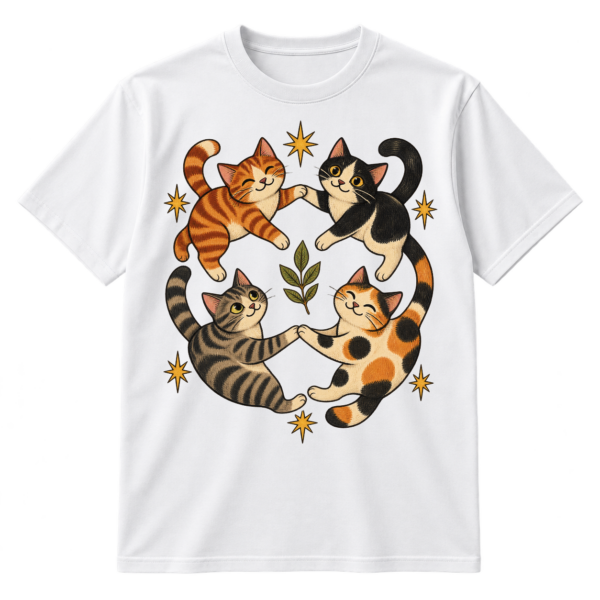Four hand-drawn cats holding paws in a circle, surrounded by irregular starbursts and a small leaf motif.