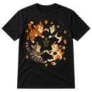 Four hand-drawn cats holding paws in a circle, surrounded by irregular starbursts and a small leaf motif.