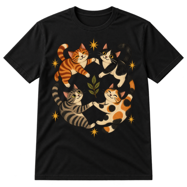 Four hand-drawn cats holding paws in a circle, surrounded by irregular starbursts and a small leaf motif.