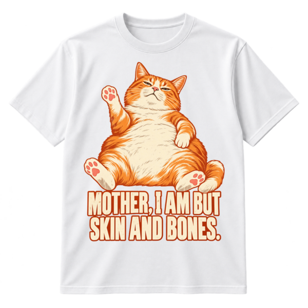 Vintage-style plump reclining cat illustration with the text “MOTHER, I AM BUT SKIN AND BONES.”