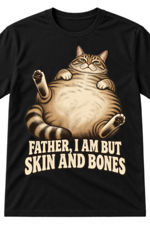 Vintage-style illustration of a plump reclining tabby cat with the text “FATHER, I AM BUT SKIN AND BONES.”