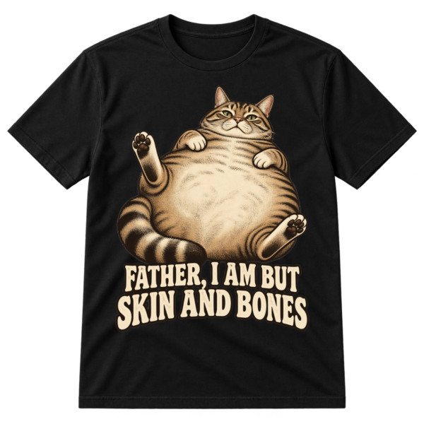 Vintage-style illustration of a plump reclining tabby cat with the text “FATHER, I AM BUT SKIN AND BONES.”