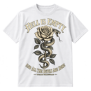 Vintage Shakespeare quote design reading HELL IS EMPTY AND ALL THE DEVILS ARE HERE around a rose entwined with a serpent.