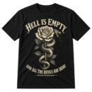 Vintage Shakespeare quote design reading HELL IS EMPTY AND ALL THE DEVILS ARE HERE around a rose entwined with a serpent.