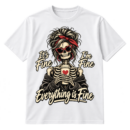 Wild-haired skeleton in sunglasses holding a lidded cup with the words It's Fine, I'm Fine, Everything is Fine.