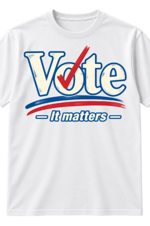 Vote It Matters typographic design with a blue checkmark through the O and red-black underline strokes.
