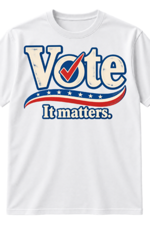 Vintage-style Vote It matters graphic with a blue checkmark through the O and a red curved underline.