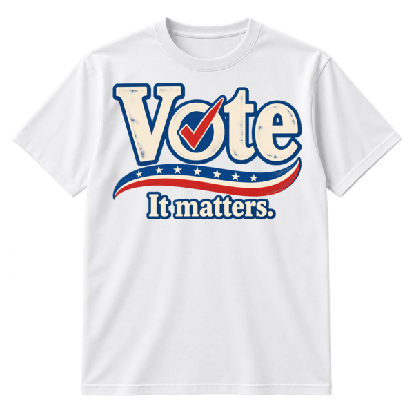 Vintage-style Vote It matters graphic with a blue checkmark through the O and a red curved underline.