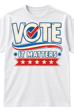 Vintage VOTE IT MATTERS graphic with a red checkmark inside the O, blue underline, and five-star ribbon.