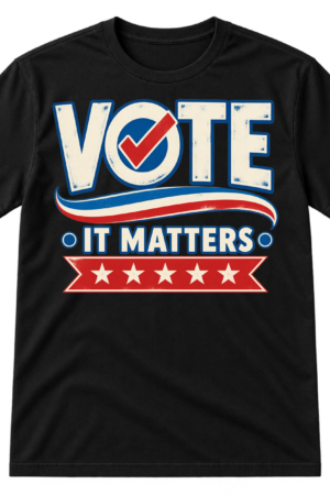 Vintage VOTE IT MATTERS graphic with a red checkmark inside the O, blue underline, and five-star ribbon.