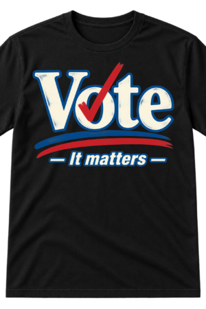 Vote It Matters typographic design with a blue checkmark through the O and red-black underline strokes.