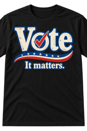 Vintage-style Vote It matters graphic with a blue checkmark through the O and a red curved underline.