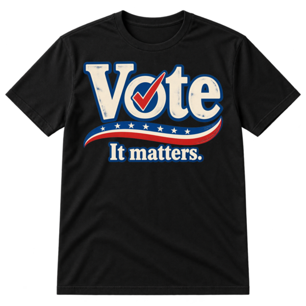 Vintage-style Vote It matters graphic with a blue checkmark through the O and a red curved underline.