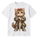 Wide-eyed fluffy kitten dressed in medieval knight armor with a bow, holding an upright sword.