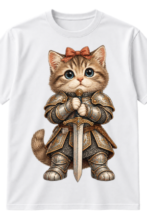 Wide-eyed fluffy kitten dressed in medieval knight armor with a bow, holding an upright sword.