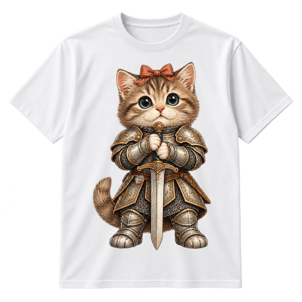 Wide-eyed fluffy kitten dressed in medieval knight armor with a bow, holding an upright sword.