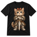 Wide-eyed fluffy kitten dressed in medieval knight armor with a bow, holding an upright sword.
