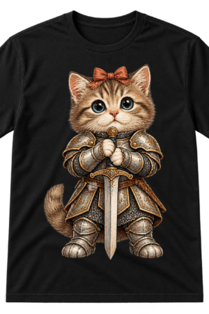 Wide-eyed fluffy kitten dressed in medieval knight armor with a bow, holding an upright sword.