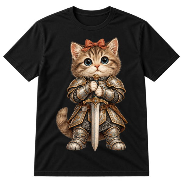 Wide-eyed fluffy kitten dressed in medieval knight armor with a bow, holding an upright sword.