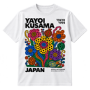 Bold Yayoi Kusama typography above a colorful dotted pop-art flower garden with Tokyo, Japan, and Paris museum text.