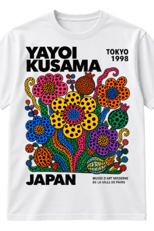 Bold Yayoi Kusama typography above a colorful dotted pop-art flower garden with Tokyo, Japan, and Paris museum text.