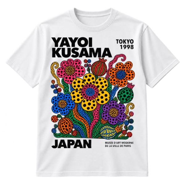 Bold Yayoi Kusama typography above a colorful dotted pop-art flower garden with Tokyo, Japan, and Paris museum text.