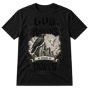 Gothic Christian design reading God loves his ravens as much as his doves with a raven, flying dove, cathedral ruins, and Matthew 10.29-31.