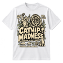Vintage Catnip Madness graphic with three cats, catnip plants, mice, yarn, and faux-warning text.