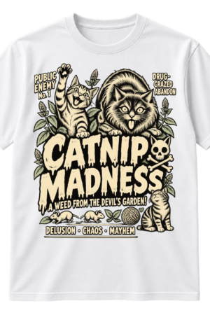 Vintage Catnip Madness graphic with three cats, catnip plants, mice, yarn, and faux-warning text.