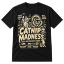 Vintage Catnip Madness graphic with three cats, catnip plants, mice, yarn, and faux-warning text.