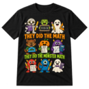 Cute vintage cartoon Halloween monsters holding math tools with the phrases THEY DID THE MATH and THEY DID THE MONSTER MATH.