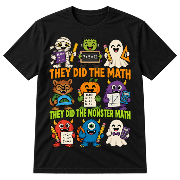 Cute vintage cartoon Halloween monsters holding math tools with the phrases THEY DID THE MATH and THEY DID THE MONSTER MATH.