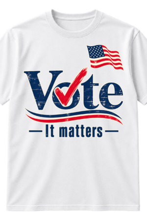 Bold Vote text with a red checkmark over the o, patriotic stripes, and the words It matters.