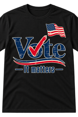 Bold Vote text with a red checkmark over the o, patriotic stripes, and the words It matters.
